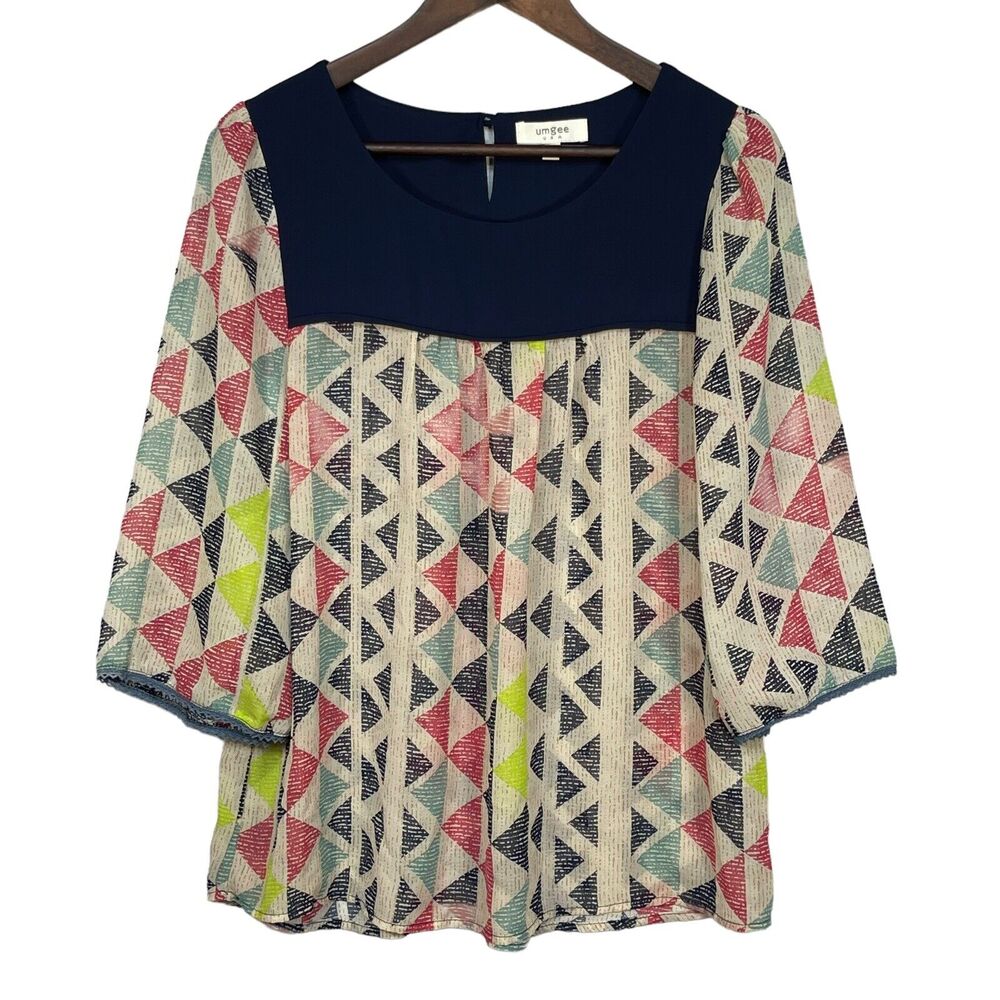 Umgee USA Blouse Women Size M Multicolor Geometric Print Sheer 3/4 Sleeve Yoke